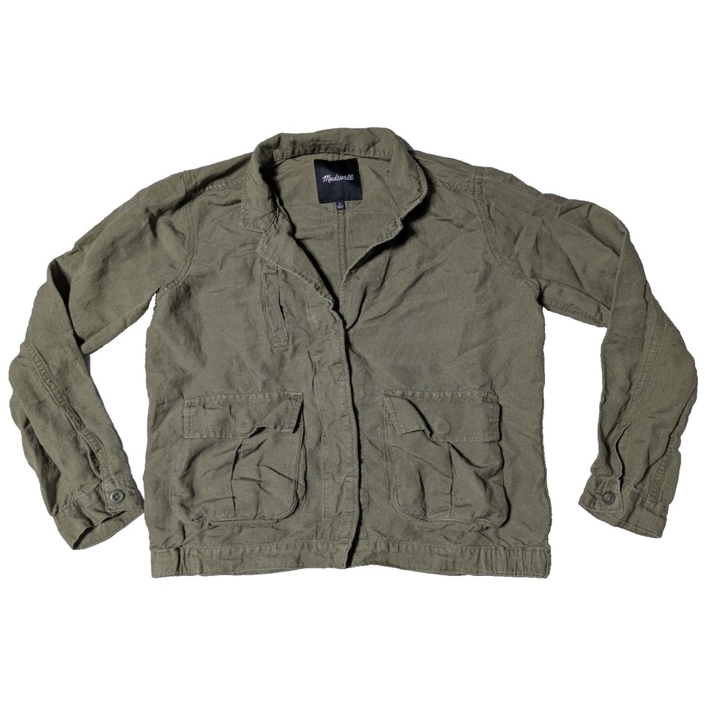 MADEWELL LEAGUE LINEN Blend Women Small Green Lightweight Cargo Jacket‎ FO890